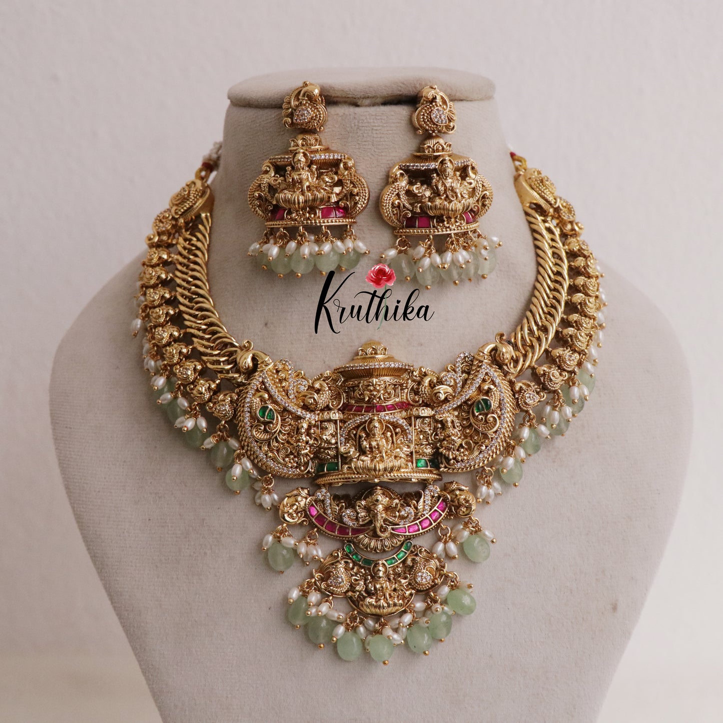 Royal Grand Nagas Jadau Temple necklace in Jalebi pattern with Green Beads NC1874 (Available In 3 Colours)