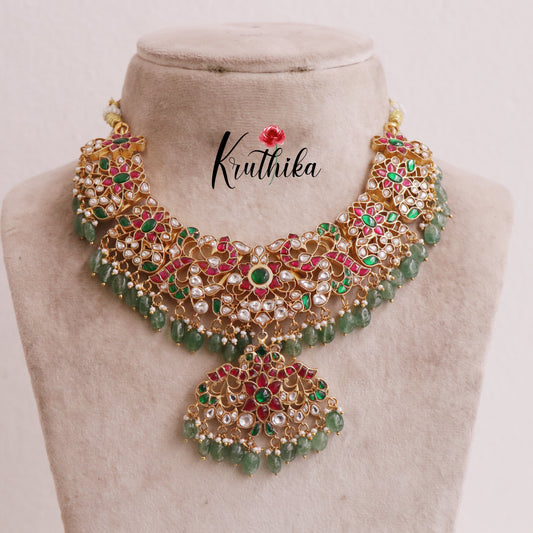 Beautiful Multi Stone Jadau Necklace with Green Beads NC2007