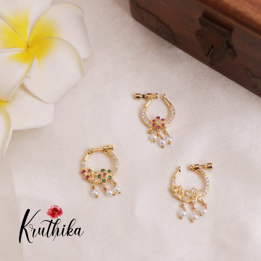 Beautiful Floral Stone Nose Rings with Pearl Drops / Nath/ (Assorted Colors) N60