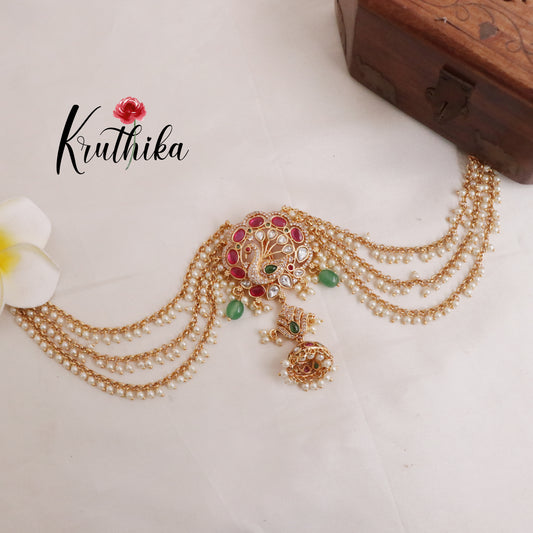 Premium Peacock Jadau Jada Billa with Pearl Chains J145