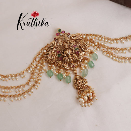 Pretty Temple Lakshmi Devi Jada Billa with Green Bead Drops J152