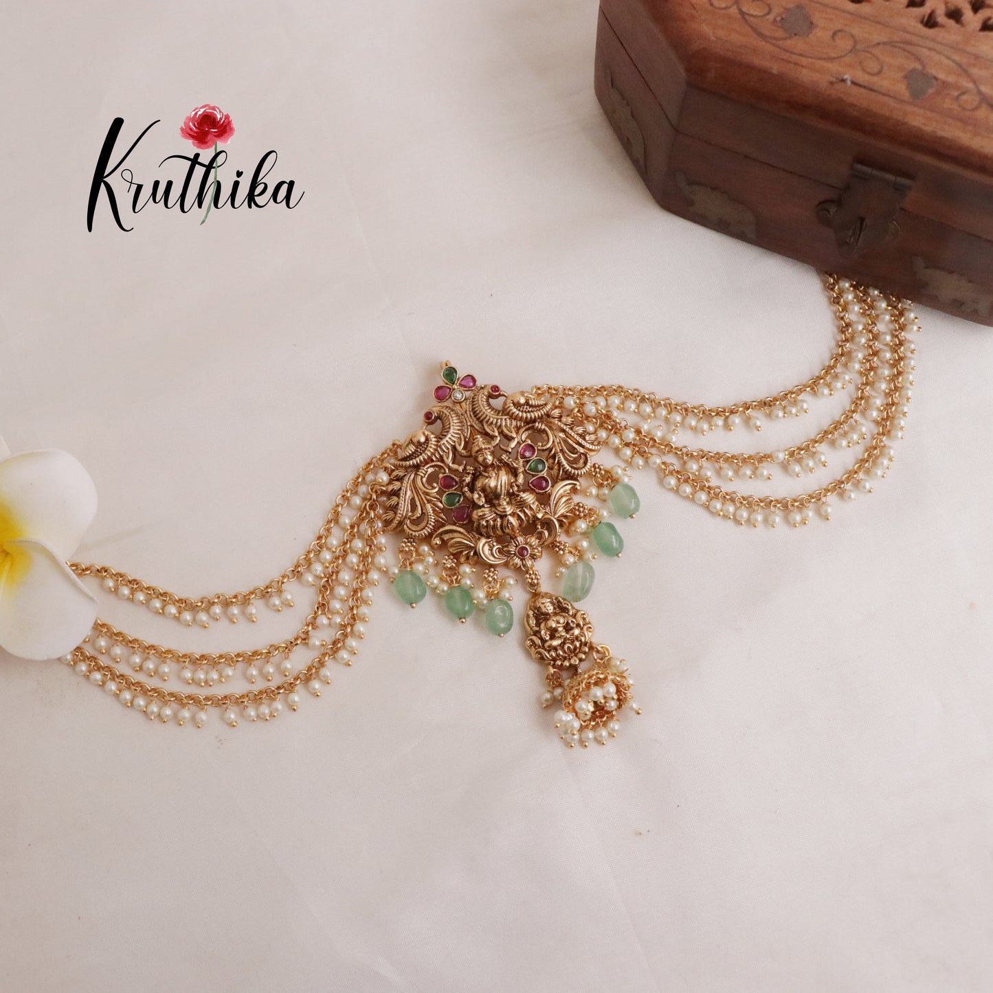Pretty Temple Lakshmi Devi Jada Billa with Green Bead Drops J152