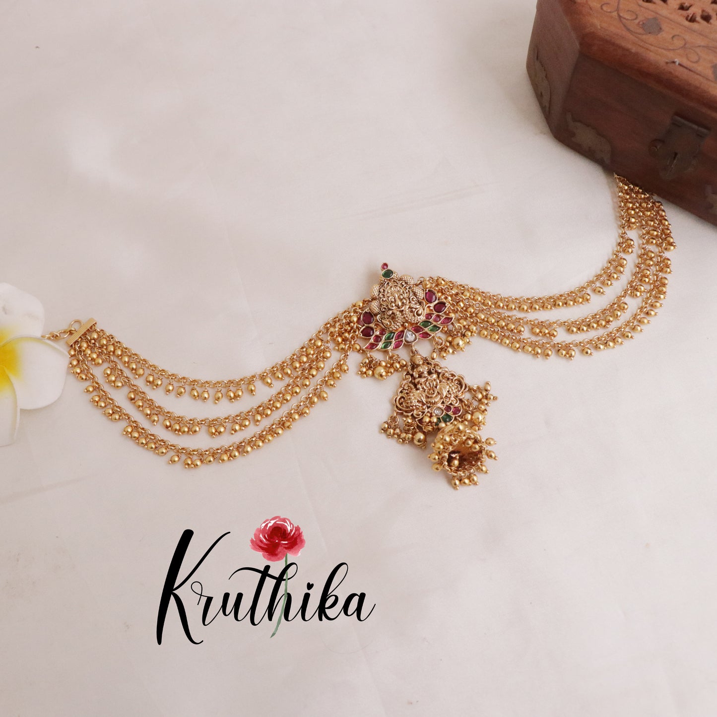 Premium Kemp Stone Lakshmi Jada Billa with Golden Earchains J153