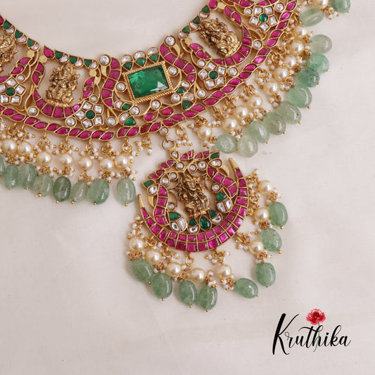 Elegant Floral Jadau necklace with Green Beads Nc2002