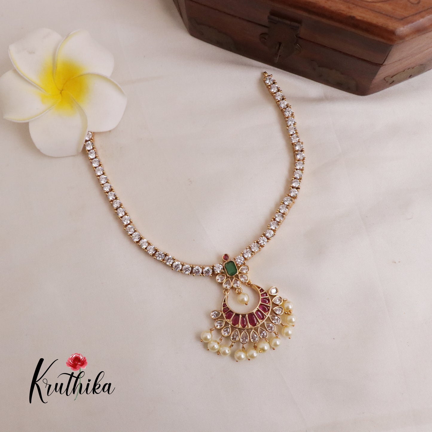 Beautiful American Diamonds Necklace with Chandbali Kemp Pendant NC1989