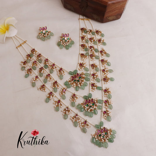 Beautiful Multi Stone Three Layer haaram with Pastel Green Beads LH1877