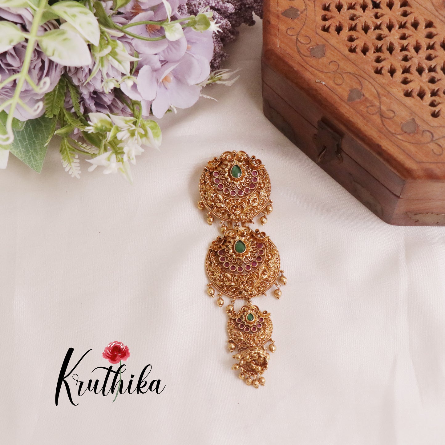 Simple Floral Design Jhumka Jada Billa with Golden Beads J171