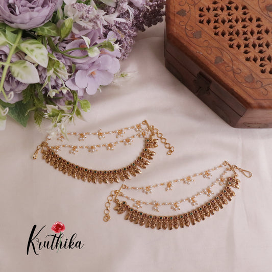 Simple Trendy Triple Layer Pearl with Leaf Drop Earchains EC121