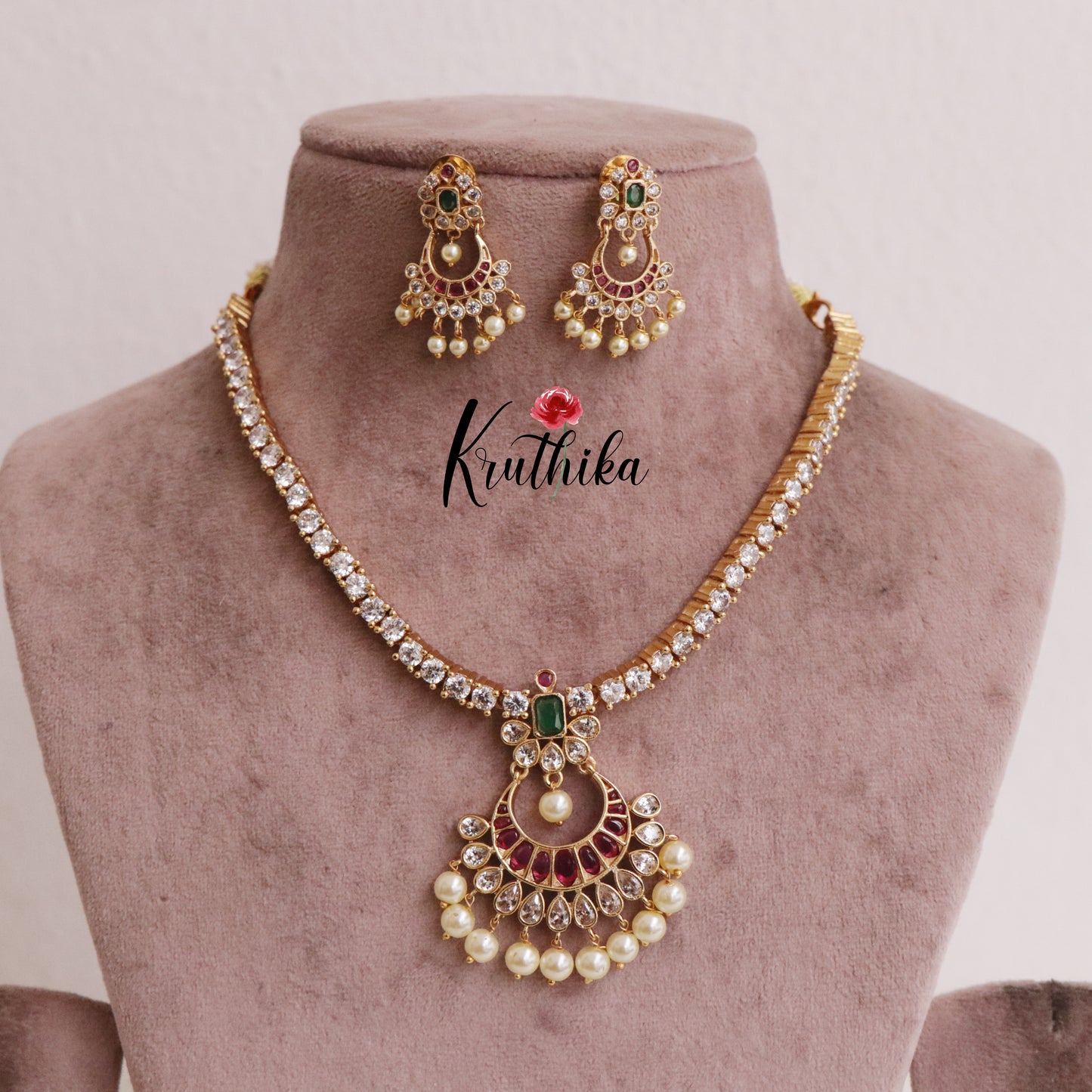 Beautiful American Diamonds Necklace with Chandbali Kemp Pendant NC1989