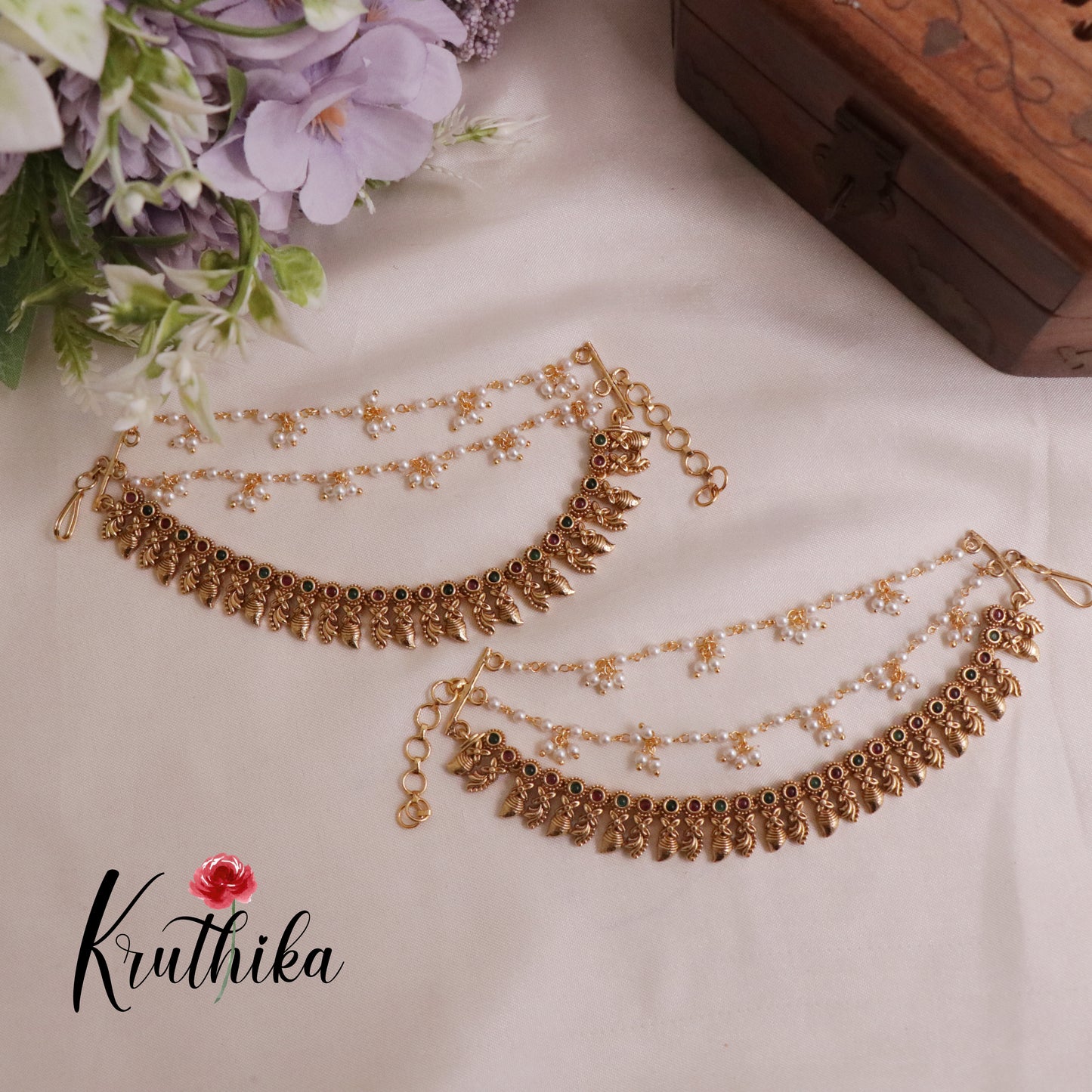 Simple Trendy Triple Layer Pearl with Leaf Drop Earchains EC121