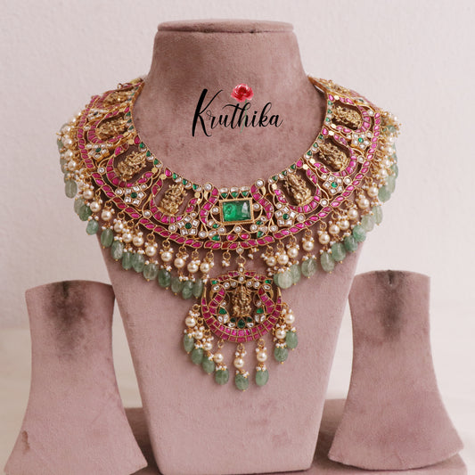 Elegant Floral Jadau necklace with Green Beads Nc2002