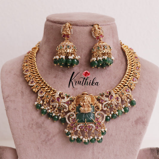 Trendy Jalebi Patten AD Stones Lakshmi Necklace with Beads Drops (Available in 2 Colours) NC1997