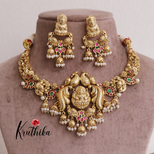 Elegant Kemp Stone Peacock Temple Lakshmi Devi Necklace with Pearl Beads NC2001