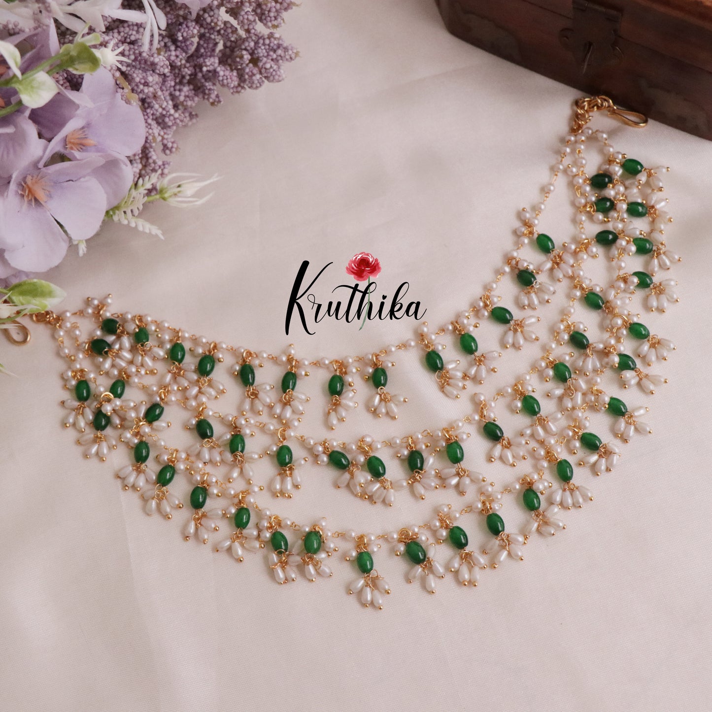 Beautiful Three Layer Emerald Pearl Guttapusalu Hair Accessories J142