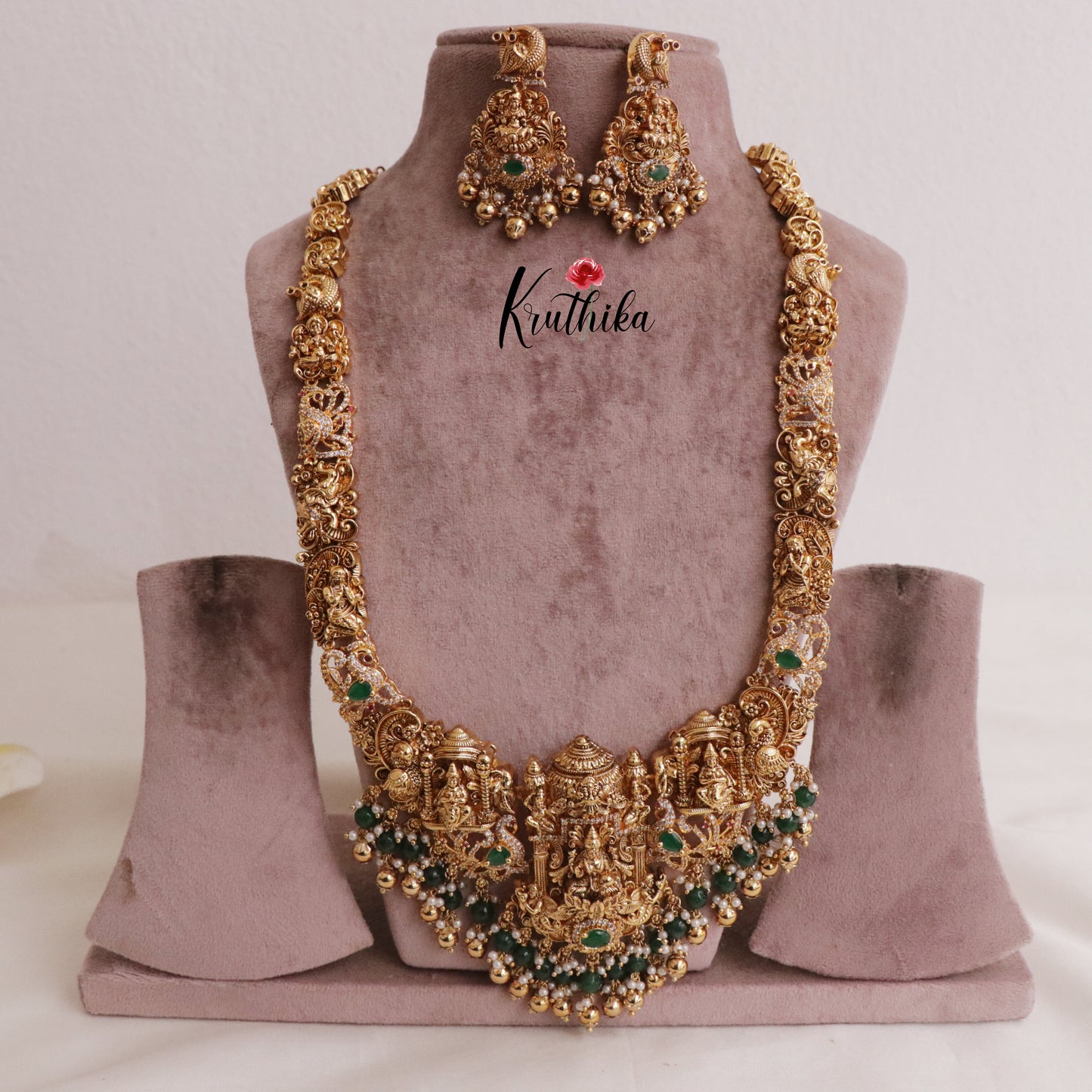 Premium Polish Temple Green Bead Drops Haaram LH1872