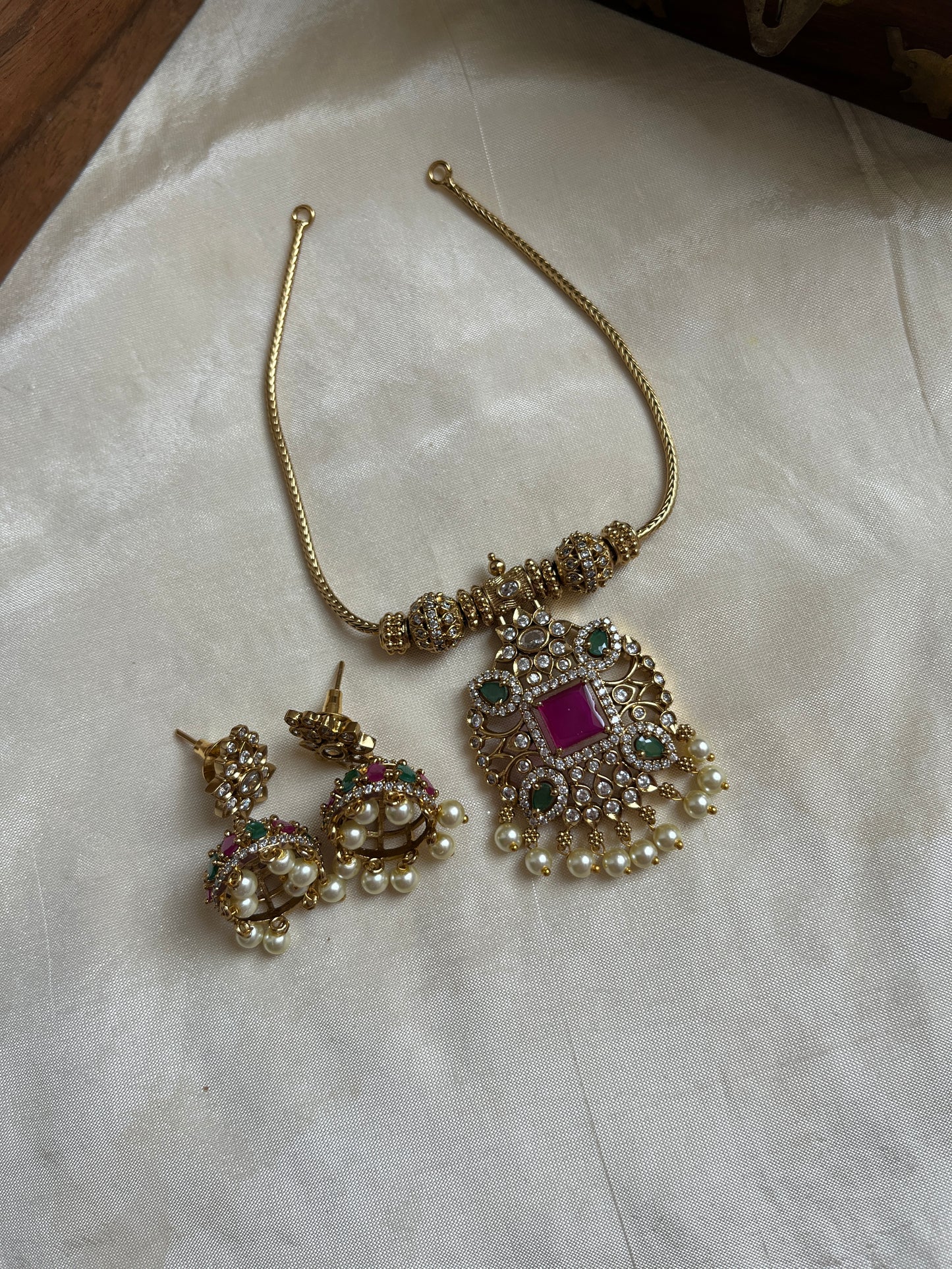 CZ Pendant Chain Necklace- Ruby NC1093