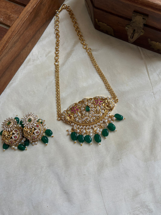 Simple Peacock Chain with Green Beads Necklace NC1098