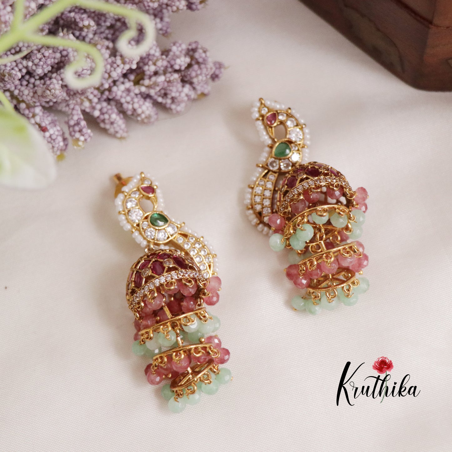 Royal Peacock layered bead Jhumkas E472