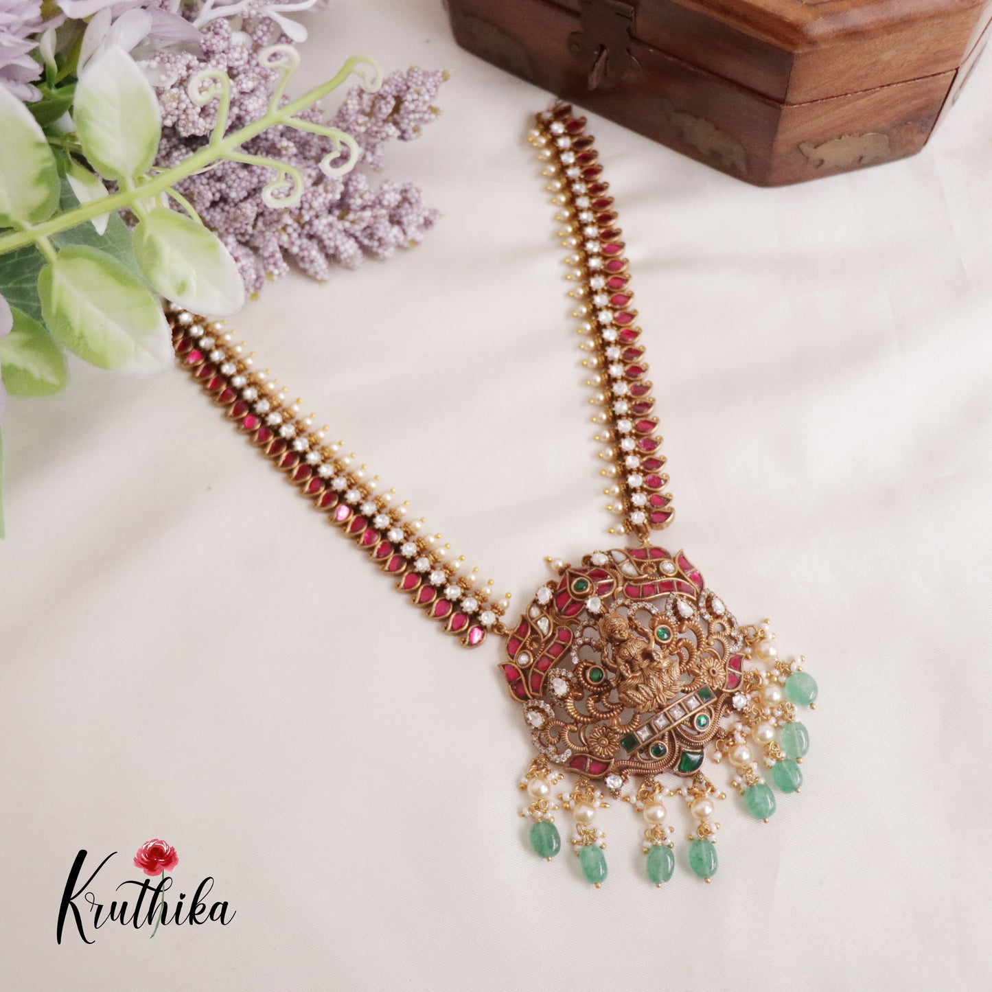 Beautiful Antique Temple Lakshmi Jadau Necklace with Pastel Green Beads NC2152