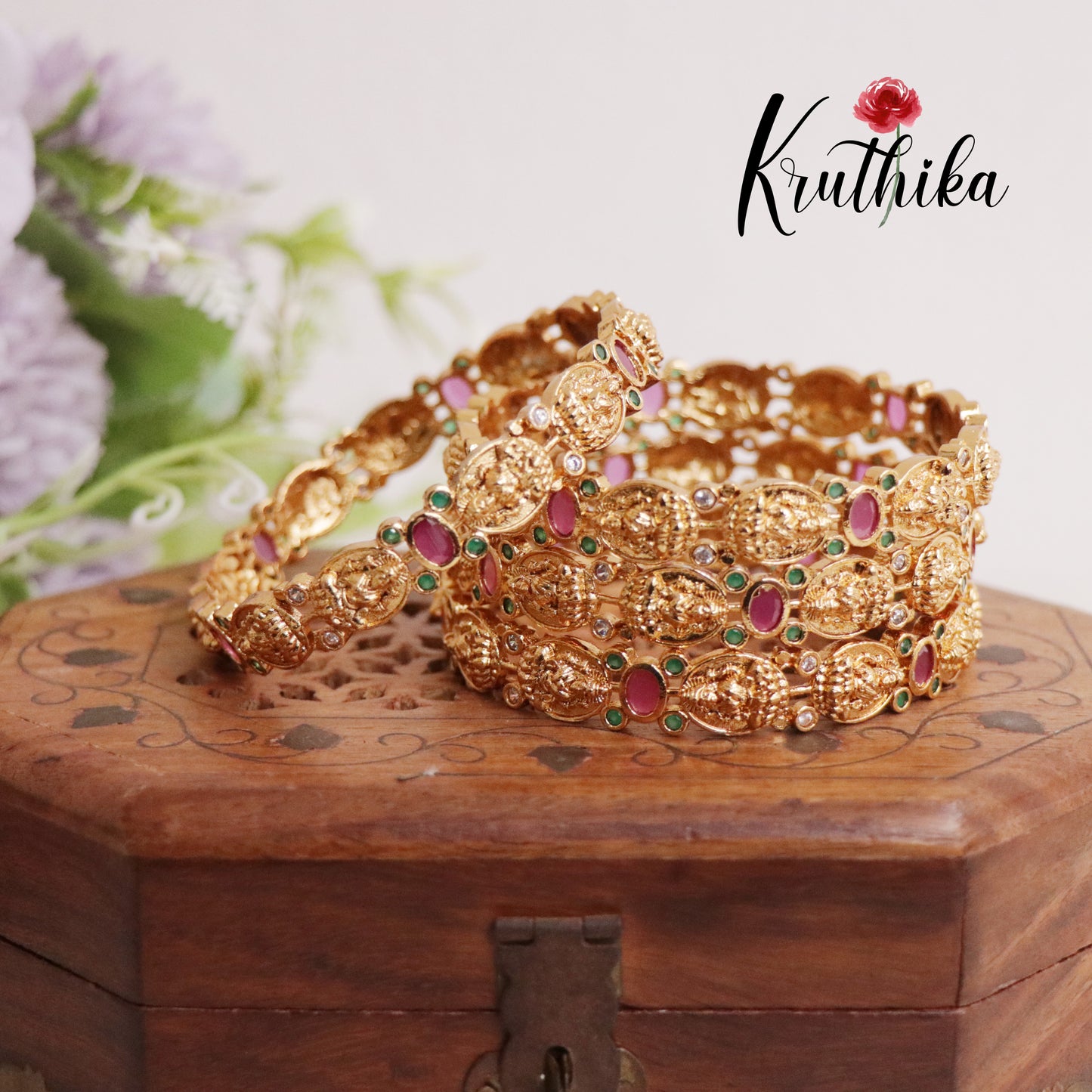 Premium AD Temple Lakshmi Multi Stone Bangles B208