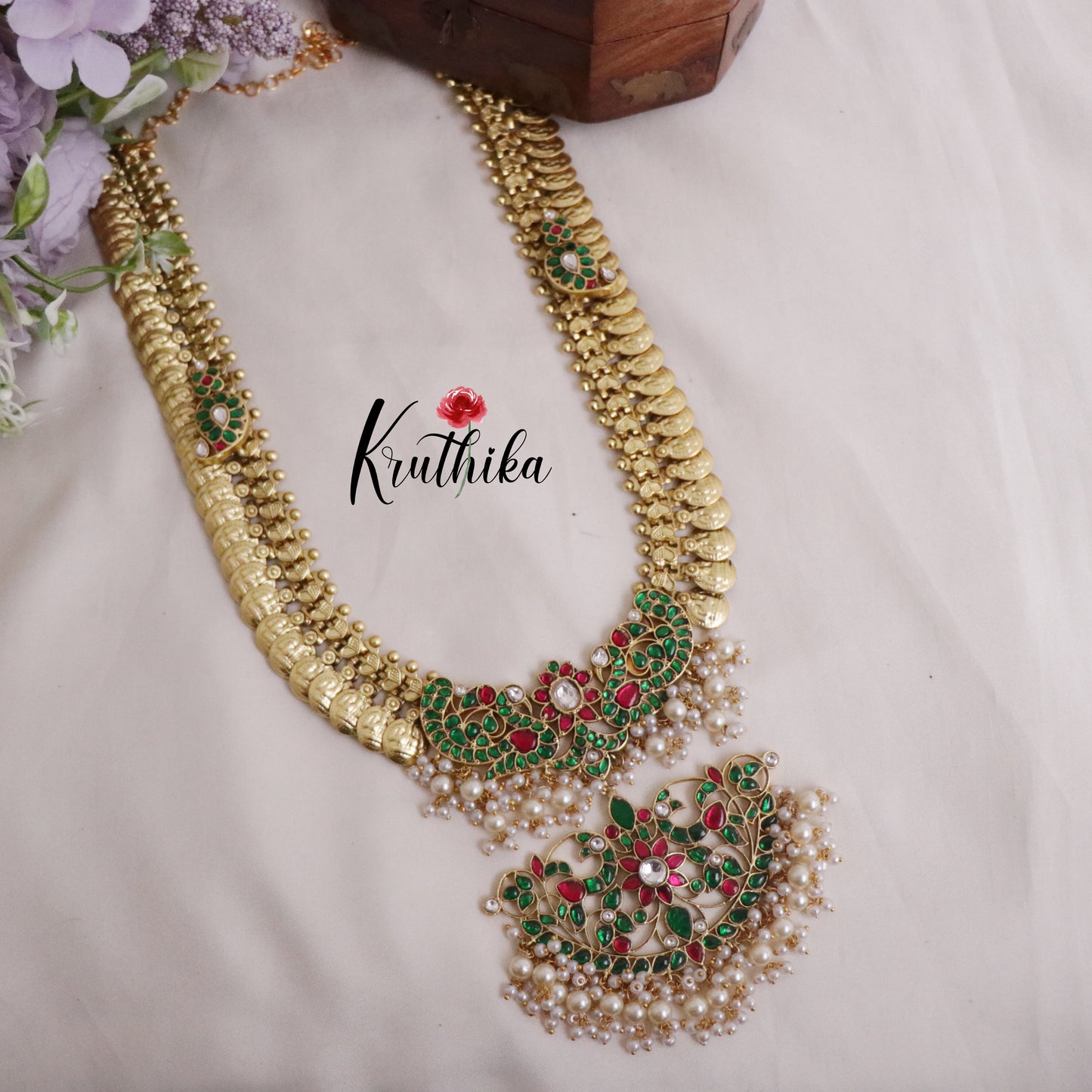 Royal Peacock Antique Jadau Kasu Haram with Pearl Drops LH1930