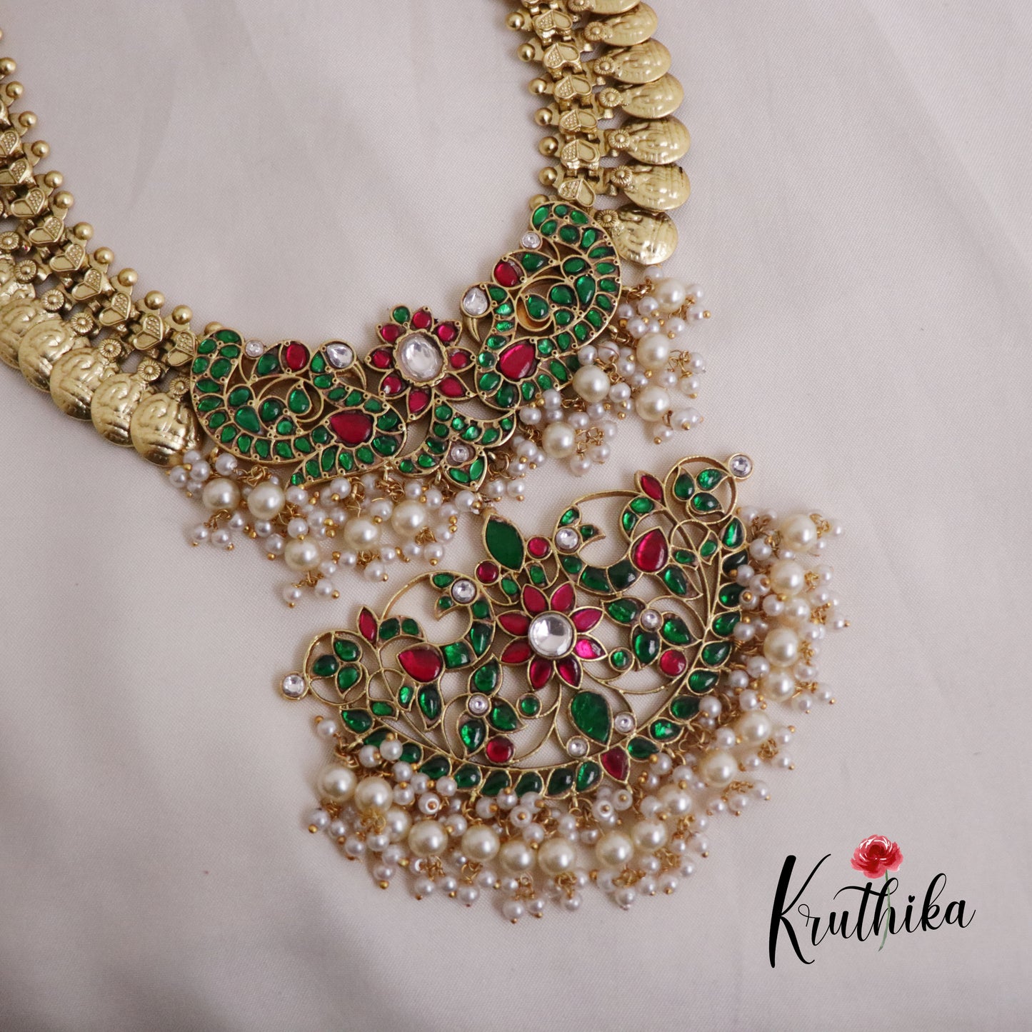 Royal Peacock Antique Jadau Kasu Haram with Pearl Drops LH1930