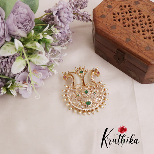 Beautiful Cz Mango Motif Puligoru Emrelad Pendant and Pearl Drops PS23