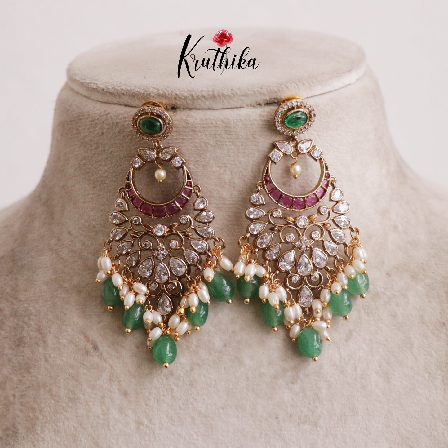 Beautiful Kemp Chandabali Earrings with green bead drops E480
