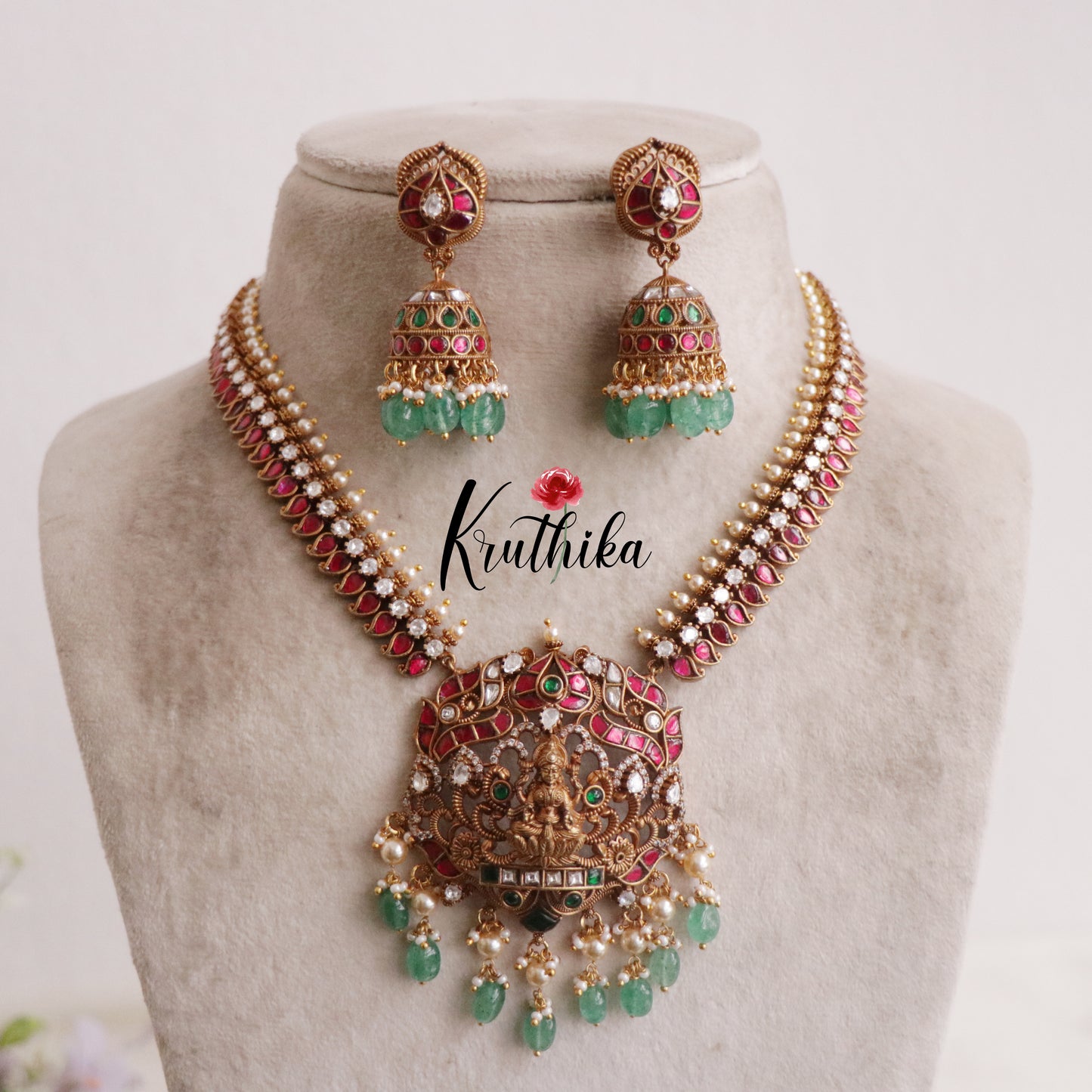 Beautiful Antique Temple Lakshmi Jadau Necklace with Pastel Green Beads NC2152
