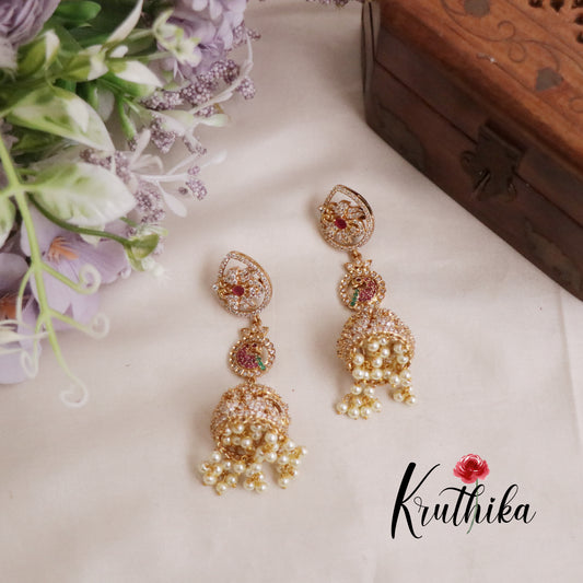 Beautiful Changeable Stone Peacock Design Jhumkas with Pearl Drops E547