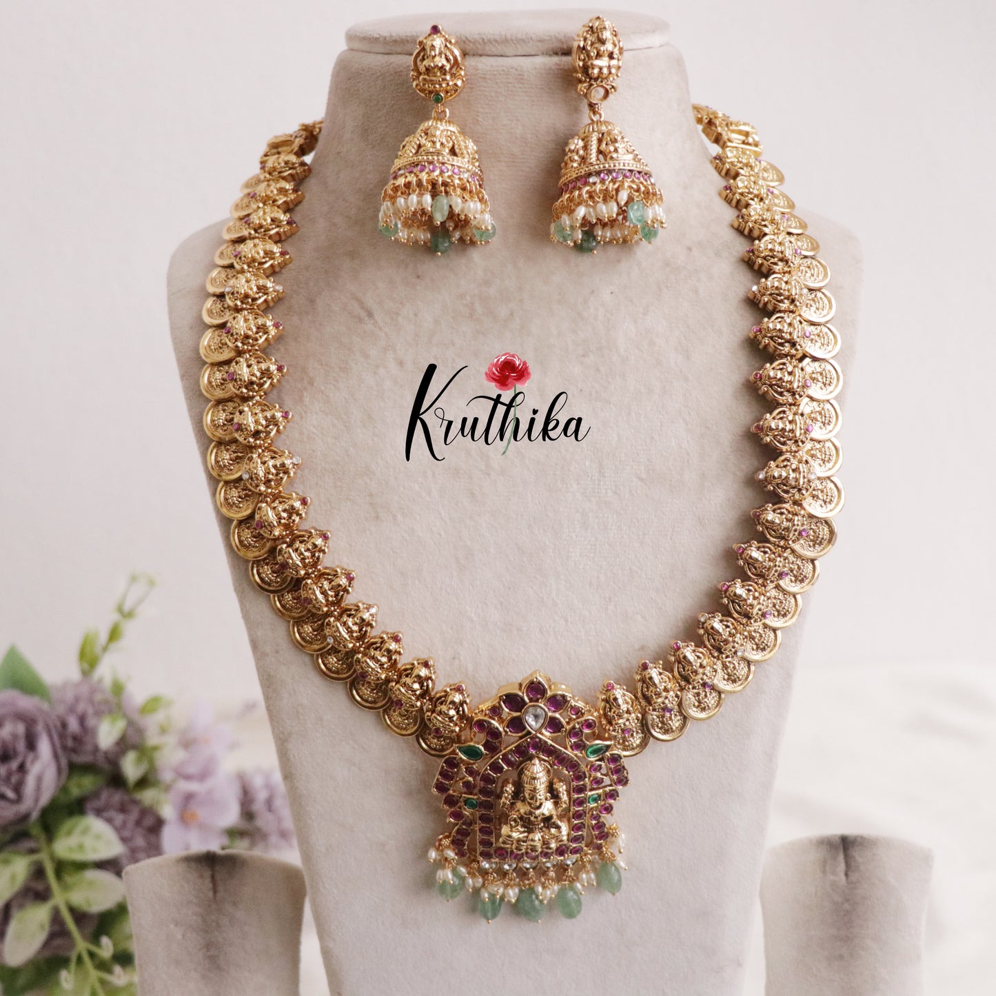 Grand Antique Temple Lakshmi Kemp Kasu Haaram with Pastel Green Beads Drops LH1927