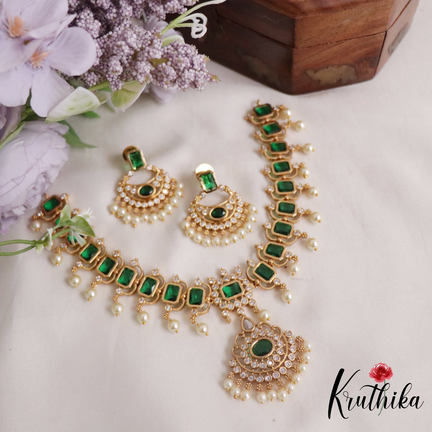 Gorgeous AD Victorian Necklace with Pearl Drops NC2155 (Available in 2 Colours)