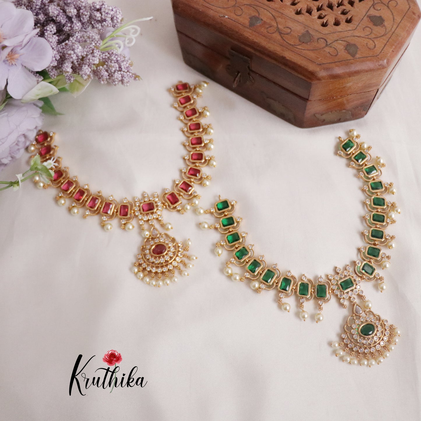 Gorgeous AD Victorian Necklace with Pearl Drops NC2155 (Available in 2 Colours)