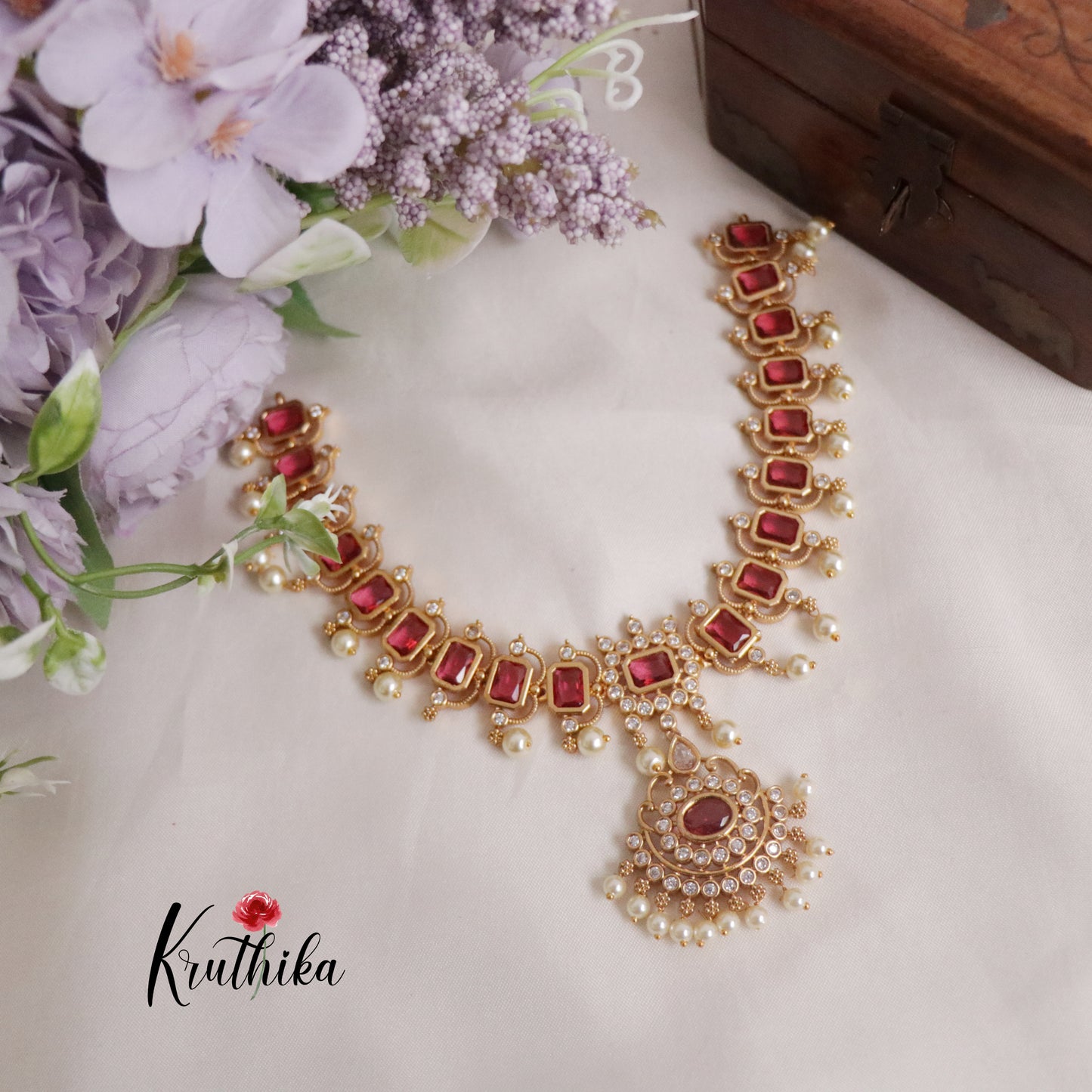 Gorgeous AD Victorian Necklace with Pearl Drops NC2155 (Available in 2 Colours)
