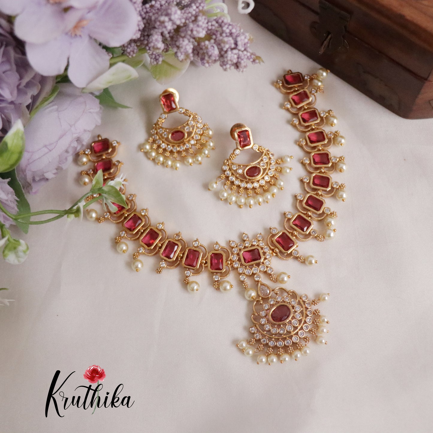 Gorgeous AD Victorian Necklace with Pearl Drops NC2155 (Available in 2 Colours)