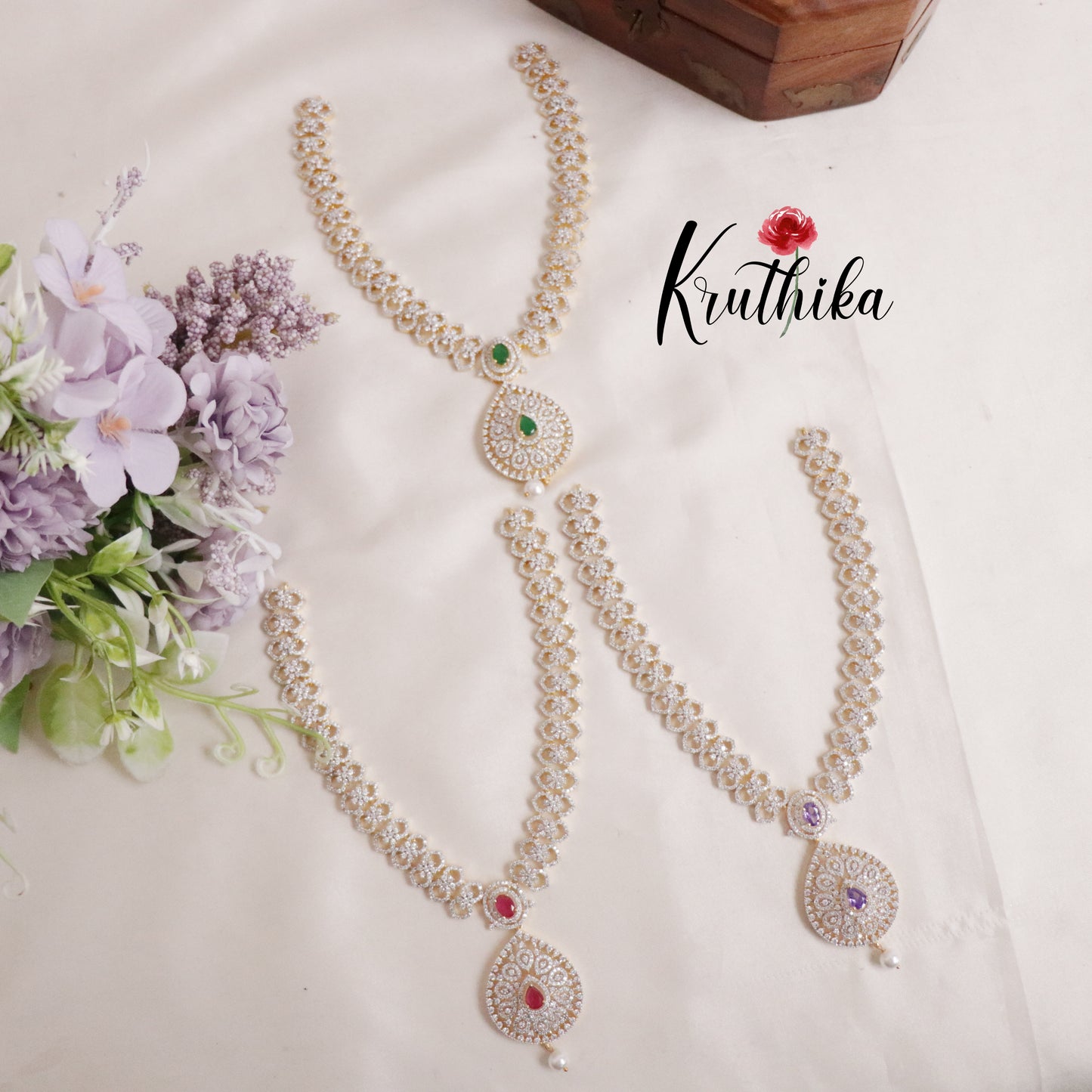 Elegant CZ Sparking Starlight Orchid with Pearl Drops Necklace NC2147 (Available In 3 Colours)