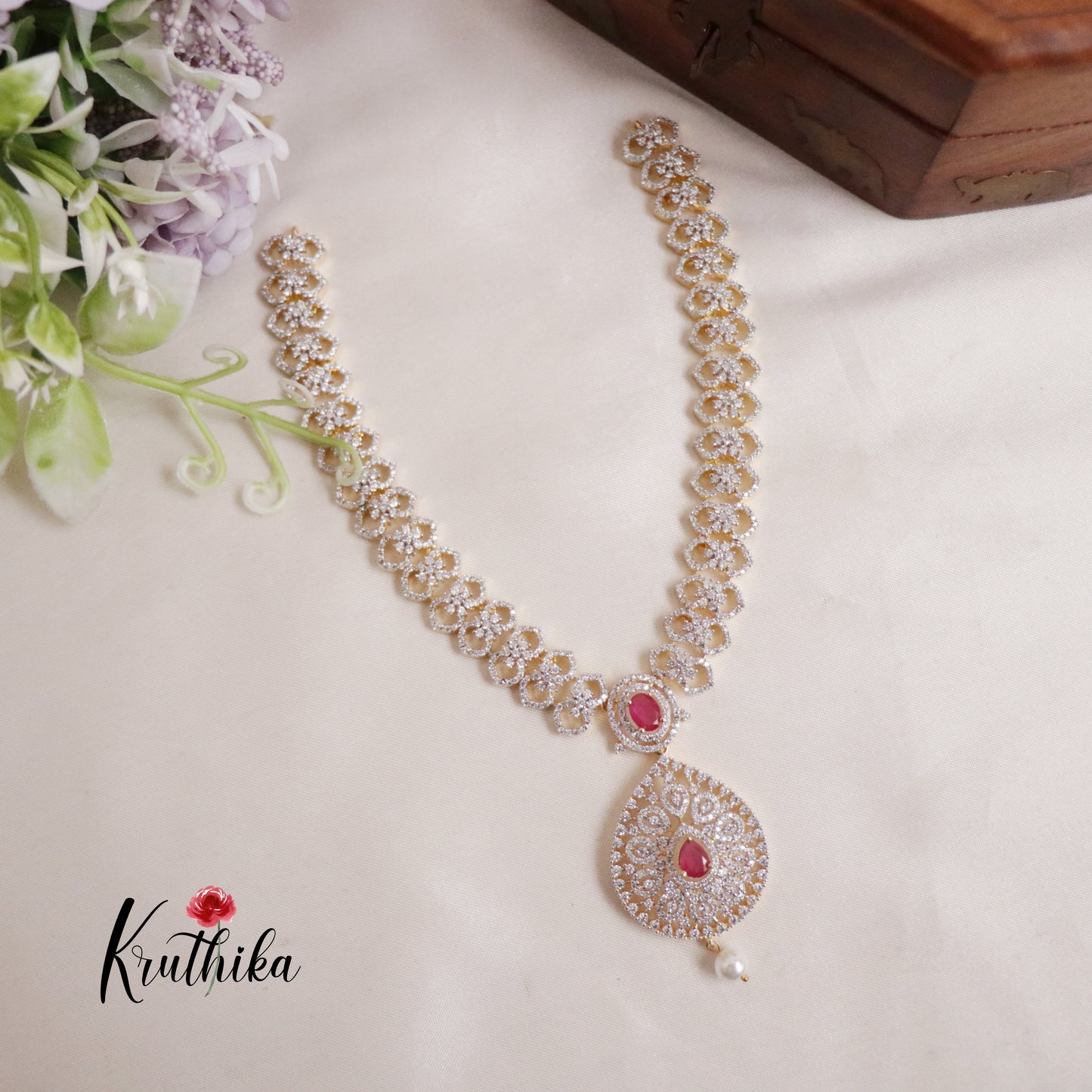 Elegant CZ Sparking Starlight Orchid with Pearl Drops Necklace NC2147 (Available In 3 Colours)