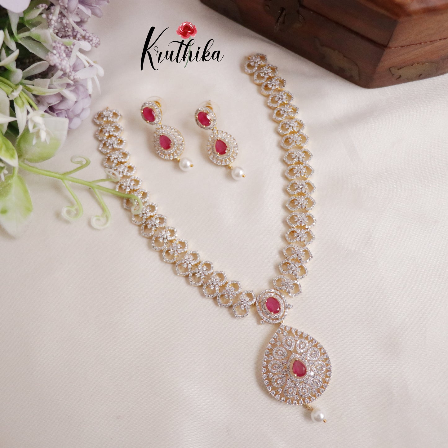 Elegant CZ Sparking Starlight Orchid with Pearl Drops Necklace NC2147 (Available In 3 Colours)