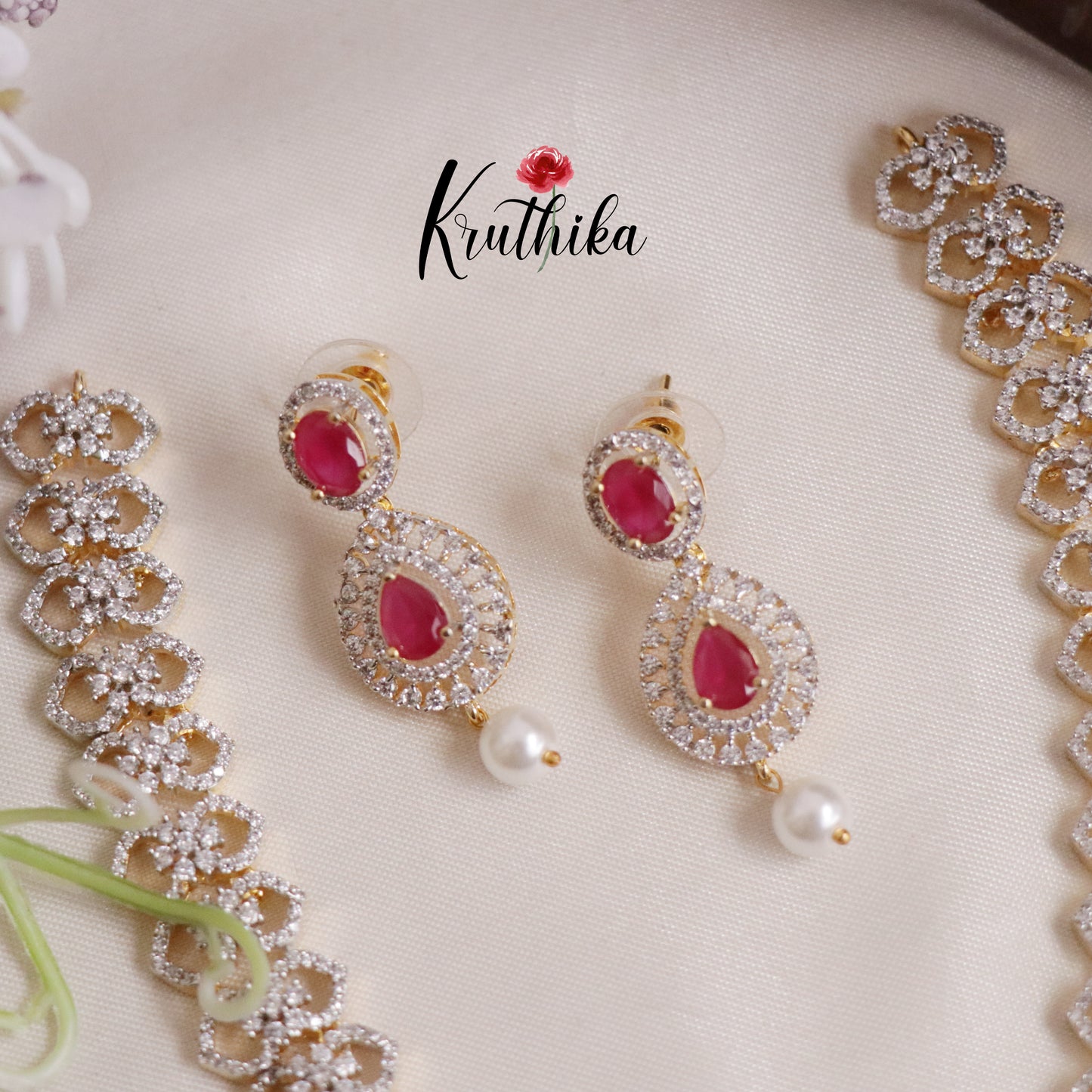 Elegant CZ Sparking Starlight Orchid with Pearl Drops Necklace NC2147 (Available In 3 Colours)