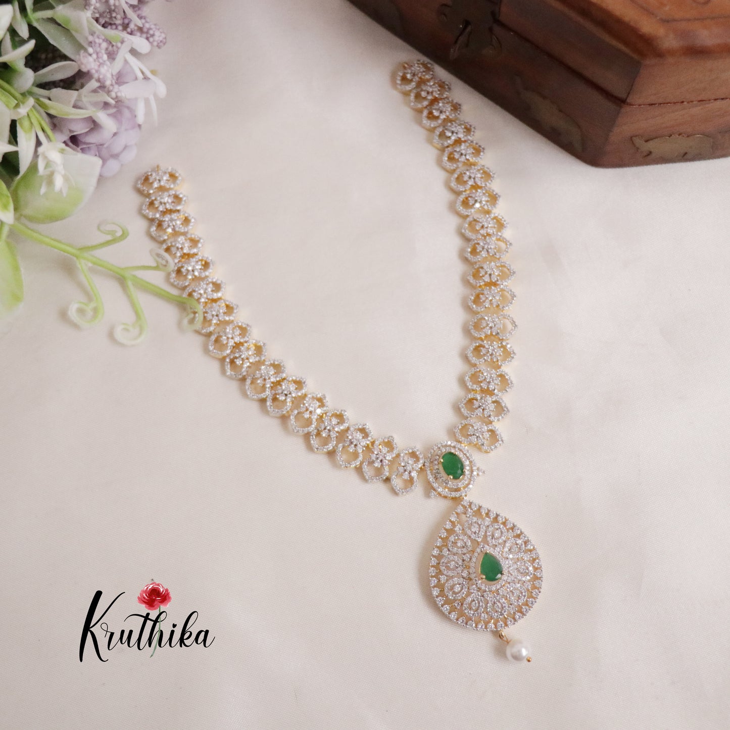 Elegant CZ Sparking Starlight Orchid with Pearl Drops Necklace NC2147 (Available In 3 Colours)