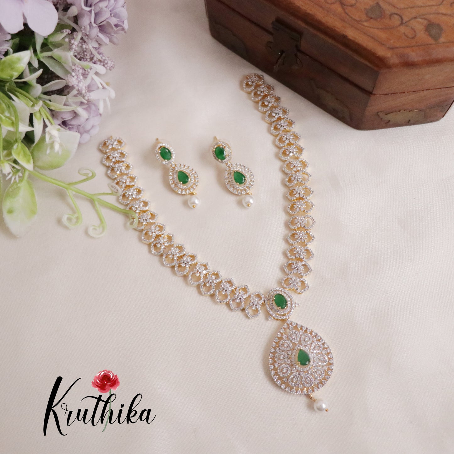 Elegant CZ Sparking Starlight Orchid with Pearl Drops Necklace NC2147 (Available In 3 Colours)