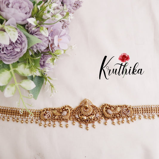 Premium AD Peacock Vaddanam Hip Chain with Golden Beads V257