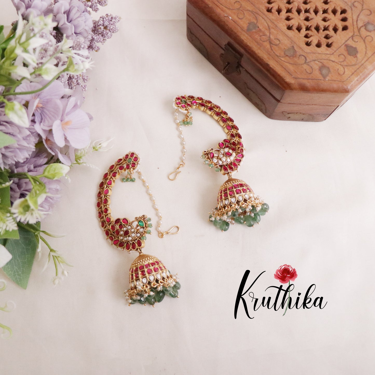 Royal Kemp Jadau Peacock Jhumkas Earcuff E430 with Earchains (Available in 2 Colours)
