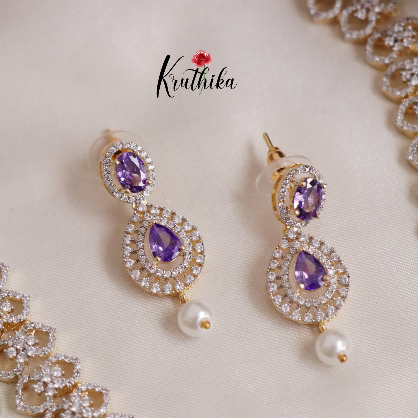 Elegant CZ Sparking Starlight Orchid with Pearl Drops Necklace NC2147 (Available In 3 Colours)