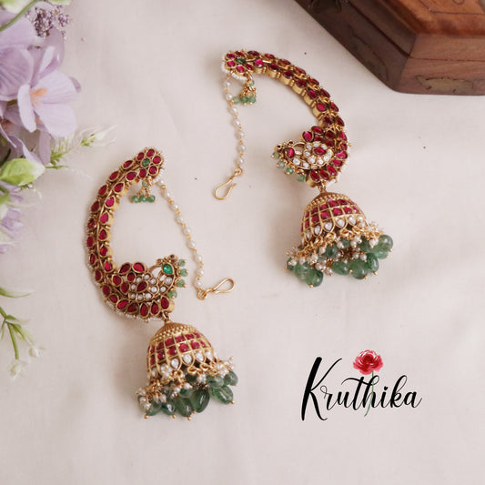 Royal Kemp Jadau Peacock Jhumkas Earcuff E430 with Earchains (Available in 2 Colours)