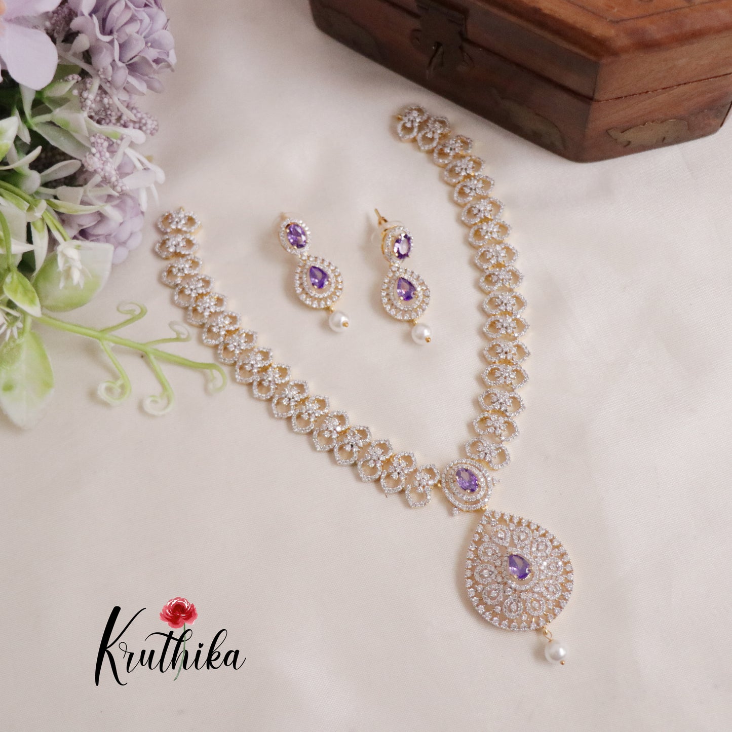 Elegant CZ Sparking Starlight Orchid with Pearl Drops Necklace NC2147 (Available In 3 Colours)
