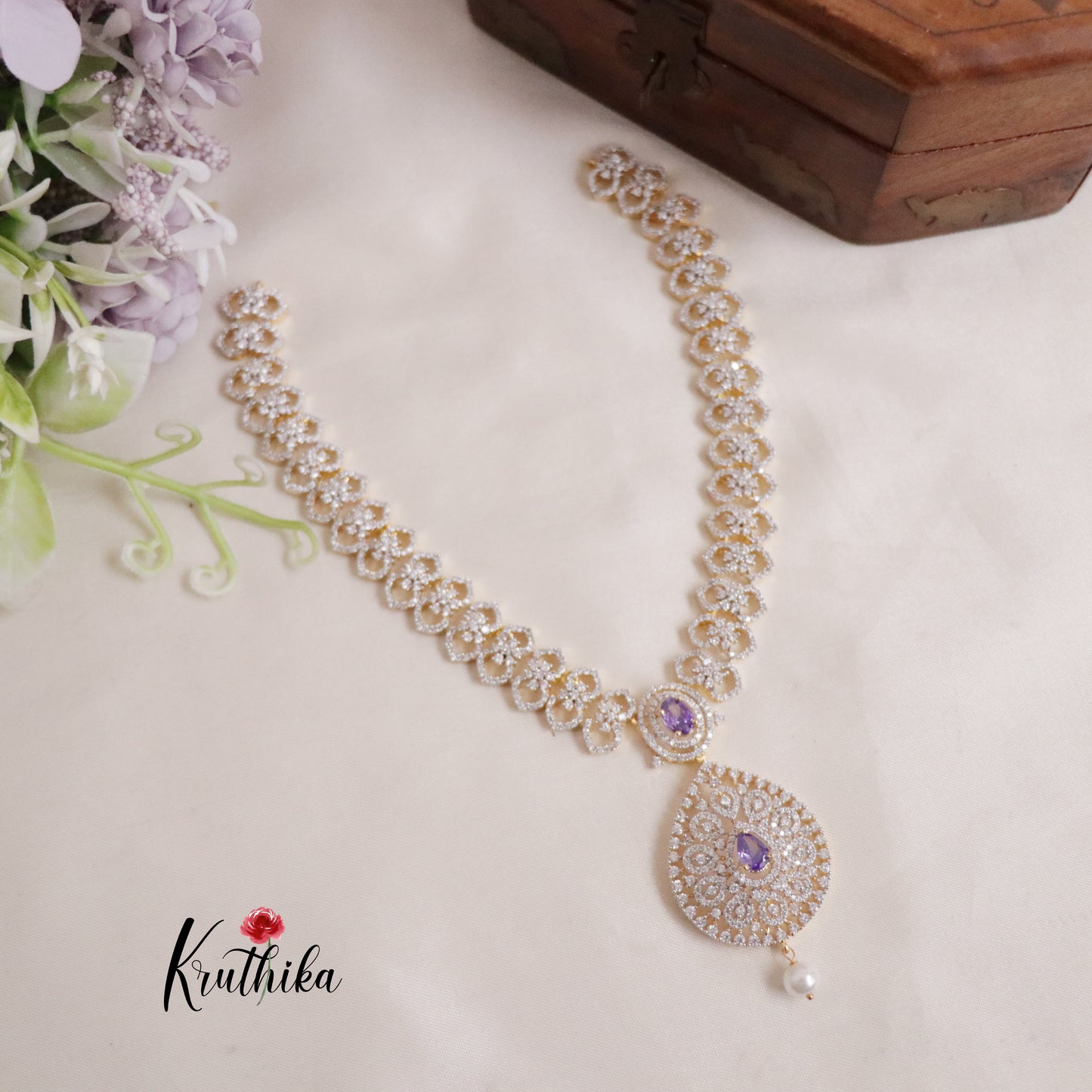 Elegant CZ Sparking Starlight Orchid with Pearl Drops Necklace NC2147 (Available In 3 Colours)