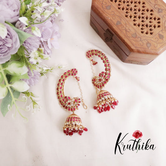 Royal Kemp Jadau Peacock Jhumkas Earcuff E430 with Earchains (Available in 2 Colours)