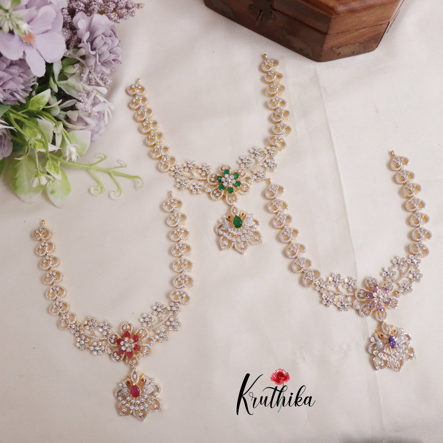 Beautiful CZ Jade Blossom AD Necklace Set NC2144 (Available in 3 Colours)