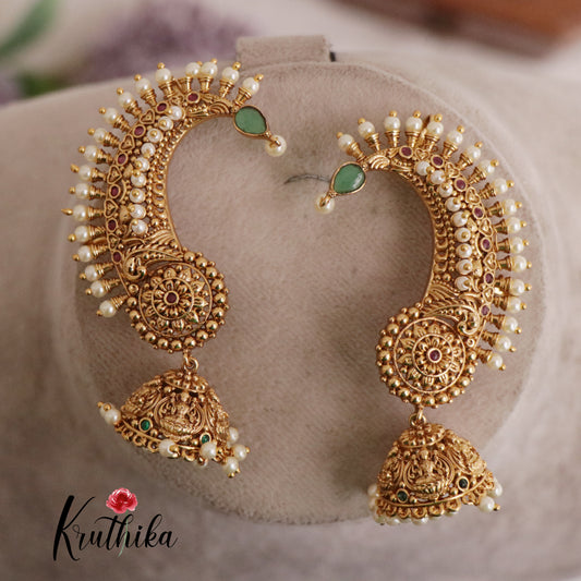 Premium AD Peacock Pearl Earcuff with Jhumkas E549